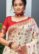 Off-White And Red Color Banarasi Silk Saree